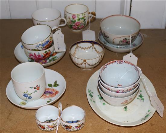 Collection of English polychrome tea wares, inc Lowestoft, Caughley etc,  Minton cup, Derby creamware dish etc (faults)